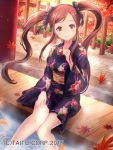  1girl autumn_leaves brown_eyes brown_hair fence floral_print hand_up highres ilog japanese_clothes kimono lunacle official_art sitting smile soaking_feet solo watermark wooden_fence 