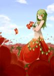  1girl blue_sky bouquet butterfly closed_eyes clouds day flower full_body green_hair original outdoors red_flower sky solo standing urase_(oiyara) 