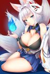  1girl animal_ears azur_lane bare_shoulders blue_eyes blue_skirt breasts cleavage closed_mouth commentary_request fox_ears fox_mask fox_tail kaga_(azur_lane) large_breasts looking_at_viewer mask mask_on_head multiple_tails short_hair sitting skirt smile solo tail white_hair zukky 