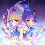  2girls asahina_mirai black_hat blonde_hair blue_neckwear blue_ribbon blush braid choker crown_braid cure_magical cure_miracle expressionless gobou_1000 hair_ornament hair_ribbon hairband hat heart_hair_ornament izayoi_liko long_hair looking_at_viewer magical_girl mahou_girls_precure! mini_hat mini_witch_hat multiple_girls parted_lips pink_eyes pink_hat precure purple_hair ribbon sapphire_style star star_hair_ornament upper_body violet_eyes witch_hat 