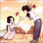  1boy 1girl black_eyes black_hair black_sleeves boots bouquet bracelet chi-chi_(dragon_ball) chinese_clothes clouds cloudy_sky dragon_ball dragonball_z earrings flower jewelry looking_at_another lowres mother_and_son open_mouth rochiko_(bgl6751010) seiza shirt short_hair sitting sky smile son_goten spiky_hair standing sunset tied_hair white_shirt 