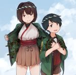  2girls aircraft airplane black_eyes black_hair black_neckwear brown_eyes brown_hair brown_sailor_collar brown_serafuku brown_shorts brown_skirt cowboy_shot e16a_zuiun hakama_skirt happi hyuuga_(kantai_collection) japanese_clothes kantai_collection looking_at_viewer mogami_(kantai_collection) multiple_girls neckerchief nontraditional_miko satsumi short_hair shorts skirt undershirt 