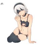  1girl arm_support black_bra black_hairband black_legwear black_panties blindfold bra cat_cutout cat_ear_panties cat_lingerie cleavage_cutout collar collarbone covered_eyes dated dyxm hairband head_tilt highres meme_attire mole mole_under_mouth navel nier_(series) nier_automata panties pink_lips revision short_hair side-tie_panties signature silver_hair sitting smile solo thigh-highs underwear underwear_only yorha_no._2_type_b 