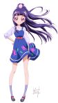  1girl blue_dress bow dress floating_hair floral_print full_body grey_legwear grey_shirt hair_ornament hand_on_hip high_ponytail highres izayoi_liko long_hair looking_at_viewer mahou_girls_precure! mary_janes nii_manabu pinafore_dress precure purple_hair red_bow shirt shoes short_dress signature simple_background sleeveless sleeveless_dress smile solo standing very_long_hair violet_eyes white_background 