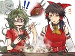  2girls animal_ears ascot bare_arms bare_shoulders bow brown_eyes chocolate_hair chopsticks close-up cloud_print collarbone curly_hair detached_sleeves disgust facepaint fangs food green_eyes green_hair hair_bow hair_tubes hakurei_reimu hand_up hands_up holding_chopsticks horn hotpot kariyushi_shirt komano_aunn long_hair looking_at_another medium_hair multiple_girls open_mouth parted_lips red_shirt ryuuichi_(f_dragon) shirt short_sleeves side_ponytail simple_background smile table touhou upper_body white_background 