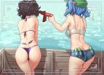  2girls ass back bare_legs bare_shoulders bikini black_hair blue_hair commentary cucumber day double_bun from_behind geta green_hat hair_bobbles hair_ornament hat hater_(hatater) highres himekaidou_hatate kawashiro_nitori multiple_girls outdoors pocket purple_bikini short_hair summer swimsuit tank_top tattoo tengu-geta thigh_gap thong thong_bikini touhou two_side_up viewfinder water wet 