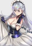  &gt;:) 1girl azur_lane belfast_(azur_lane) blue_eyes blush braid breasts chains cleavage closed_mouth collar collarbone cowboy_shot dress french_braid highres large_breasts long_hair looking_at_viewer maid maid_headdress silver_hair smile solo v-shaped_eyebrows yami_kyon_oov 