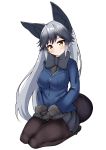  1girl absurdres animal_ears black_bow black_gloves black_neckwear blue_jacket blush bow bowtie brown_eyes buttons fox_ears fox_tail fur-trimmed_sleeves fur_trim gloves hands_on_lap highres jacket kemono_friends looking_at_viewer pleated_skirt sasanoha_(sasanoha0712) seiza silver_fox_(kemono_friends) silver_hair sitting skirt smile solo tail 