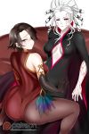  2girls alfred_cullado ass bare_shoulders black_eyes black_nails breasts brown_hair cinder_fall cleavage cleavage_cutout earrings elbow_gloves facial_scar feathers from_behind gloves highres jewelry large_breasts multiple_girls multiple_piercings nail_polish pale_skin patreon_logo red_sclera rwby salem_(rwby) scar sitting sitting_on_lap sitting_on_person thigh-highs watermark web_address white_hair wide_sleeves yellow_eyes 
