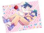  2boys apple black_eyes black_hair boots dougi dragon_ball dragonball_z father_and_son food fruit hug long_sleeves looking_at_another looking_back male_focus multicolored multicolored_background multiple_boys one_eye_closed open_mouth pink_background rochiko_(bgl6751010) short_hair smile son_gokuu son_goten spiky_hair white_background wristband 