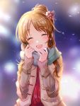  1girl bangs blurry blurry_background blush brown_hair brown_jacket casual closed_eyes commentary eyebrows_visible_through_hair facing_viewer flower hair_bun hair_flower hair_ornament happy head_tilt highres idolmaster idolmaster_cinderella_girls jacket medium_hair open_mouth red_shirt satoimo_chika scarf shirt sidelocks smile solo swept_bangs takamori_aiko winter_clothes 