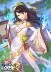  \m/ architecture black_hair blue_sky breasts brown_eyes china_dress chinese_clothes day dragon_print dress east_asian_architecture flower grass hair_ornament hair_stick long_hair looking_at_viewer magic medium_breasts moeoh_ex mouth_hold pantyhose rose sky standing tsubasa_tsubasa white_legwear 