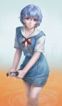  1girl artist_logo ayanami_rei bangs blue_background blue_dress blue_hair closed_mouth collared_shirt dress eyelashes gradient gradient_background hair_between_eyes highres kotikomori looking_at_viewer neck_ribbon neon_genesis_evangelion red_eyes red_ribbon ribbon ripples shirt short_hair short_sleeves solo standing white_shirt wringing_clothes wringing_dress 