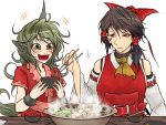  +++ 2girls :d animal_ears ascot bare_arms bare_shoulders bow brown_eyes chocolate_hair chopsticks closed_mouth cloud_print collarbone curly_hair detached_sleeves facepaint fangs food green_eyes green_hair hair_bow hair_tubes hakurei_reimu hand_up hands_up happy holding_chopsticks horn hotpot kariyushi_shirt komano_aunn long_hair looking_at_another medium_hair multiple_girls open_mouth red_shirt ryuuichi_(f_dragon) shirt short_sleeves side_ponytail simple_background smile table touhou upper_body white_background 