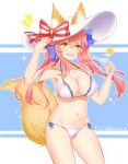  /\/\/\ 1girl animal_ears bikini breasts cleavage collarbone ears_through_headwear fang fate/grand_order fate_(series) fox_ears fox_tail hair_ribbon hat highres large_breasts looking_at_viewer navel open_mouth pink_hair ribbon side-tie_bikini solo sun_hat swimsuit tail tamamo_(fate)_(all) tamamo_no_mae_(swimsuit_lancer)_(fate) white_bikini yellow_eyes 