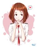  1girl between_breasts blush boku_no_hero_academia breasts brown_eyes brown_hair collared_shirt cropped_torso hands_together heart highres keikyu_(tiltedcube) medium_breasts necktie necktie_between_breasts red_neckwear school_uniform shirt short_hair simple_background sleeves_rolled_up smile solo thought_bubble uraraka_ochako white_background 