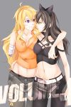  2girls ahoge amputee arm_around_shoulder arm_around_waist bandage black_bow black_hair blake_belladonna blonde_hair bow breasts cleavage english eye_contact grey_background groin hair_bow hand_on_another&#039;s_hip inu0831 large_breasts long_hair looking_at_another medium_breasts midriff multiple_girls navel off_shoulder pants rwby smile strap_slip tank_top violet_eyes yang_xiao_long 