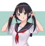  1girl arms_up black_hair closed_mouth commentary_request eyebrows_visible_through_hair green_eyes itachi_kanade looking_at_viewer neckerchief original outside_border red_neckwear school_uniform serafuku short_sleeves simple_background solo tongue tongue_out twintails uniform upper_body 