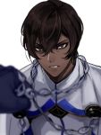  1boy arjuna_(fate/grand_order) black_eyes black_gloves black_hair blurry bound chains dark_skin dark_skinned_male depth_of_field fate/grand_order fate_(series) gloves male_focus solo_focus tied_up zuwai_kani 