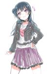  1girl black_hair blush casual choker cropped_jacket hair_bun jacket leather leather_jacket love_live! love_live!_sunshine!! nakayama_miyuki open_clothes open_jacket simple_background sketch skirt smile smug solo tsushima_yoshiko violet_eyes white_background 