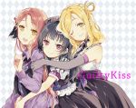  3girls argyle argyle_background bangs black_hair blonde_hair blush braid checkered checkered_background choker clenched_hand commentary_request crown_braid elbow_gloves frills girl_sandwich gloves grin group_hug group_name guilty_kiss_(love_live!) hair_ornament hair_rings hand_on_another&#039;s_head hug hug_from_behind long_hair long_sleeves looking_at_viewer love_live! love_live!_sunshine!! multiple_girls nakayama_miyuki ohara_mari one_eye_closed open_mouth puffy_short_sleeves puffy_sleeves red_eyes sakurauchi_riko sandwiched short_sleeves side_bun skirt sleeveless smile strawberry_trapper tsushima_yoshiko yellow_eyes 