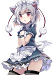  1girl alternate_costume animal_ears apron blush braid e.o. enmaided extra_ears frills highres inubashiri_momiji looking_at_viewer maid maid_apron maid_headdress open_mouth puffy_sleeves red_eyes short_hair silver_hair simple_background solo tagme tail thigh-highs touhou waist_apron white_background wolf_ears wolf_tail 