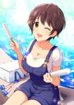  1girl artist_request bangs blush breasts brown_eyes brown_hair cleavage collarbone food idolmaster idolmaster_cinderella_girls large_breasts oikawa_shizuku one_eye_closed open_mouth overall_shorts overalls popsicle shirt short_hair sitting smile solo sparkle thighs water white_shirt 