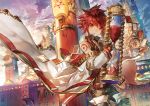  1boy building cloak clock clock_tower clouds cloudy_sky elsword elsword_(character) gloves hourglass male_focus outdoors red_eyes redhead rune_slayer_(elsword) scorpion5050 sky solo tattoo tower zipper 