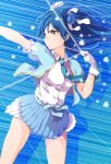  1girl arrow bangs blue_background blue_hair blue_neckwear blue_ribbon blue_skirt bow_(weapon) closed_mouth commentary_request cowboy_shot floating_hair flower from_side gloves hair_between_eyes hair_flower hair_ornament heart highres holding holding_weapon long_hair love_live! love_live!_school_idol_project necktie ribbon sen_(sen0910) shirt short_sleeves skirt solo sonoda_umi standing weapon white_gloves white_shirt wind yellow_eyes 