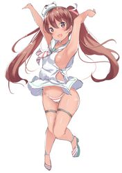  1girl armpits bare_arms brown_eyes brown_hair dress dress_pull fang hair_ribbon jumping kantai_collection libeccio_(kantai_collection) long_hair open_mouth panties ribbon sailor_dress shoes sleeveless sleeveless_dress solo striped striped_panties twintails underwear yukishiro_arute 