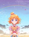  1girl asahina_mirai blonde_hair blouse bow closed_mouth clouds gobou_1000 hair_bow holding holding_stuffed_animal looking_at_viewer mahou_girls_precure! mofurun_(mahou_girls_precure!) petals pink_bow precure rainbow short_hair sky smile solo stuffed_animal stuffed_toy teddy_bear violet_eyes 