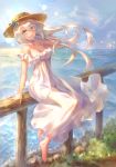  1girl barefoot bird blue_eyes breasts cleavage commentary_request dress eyebrows_visible_through_hair fate/grand_order fate_(series) full_body hat highres light_particles long_hair looking_at_viewer marie_antoinette_(fate/grand_order) marie_antoinette_(swimsuit_caster)_(fate) medium_breasts ocean open_mouth seagull silver_hair sitting sky solo sundress water wind yahiro_(666131415) 