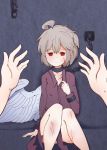  1girl ahoge buna_shimeji_(keymush) chained chains commentary_request cuts empty_eyes injury kishin_sagume looking_at_viewer messy_hair purple_shirt red_eyes shirt short_hair single_wing touhou white_hair white_wings wings 
