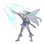  1girl blonde_hair blue_dress blue_eyes boots cape dress earrings feather_trim fire_emblem fire_emblem_heroes fjorm_(fire_emblem_heroes) from_behind full_body gauntlets jewelry krazehkai looking_at_viewer looking_back polearm short_hair simple_background sketch solo spear thigh-highs thigh_boots tiara weapon white_background 