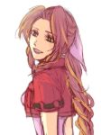  1girl 90s aerith_gainsborough bad_id bad_pixiv_id brown_hair coonel dress final_fantasy final_fantasy_vii green_eyes jacket long_hair open_mouth pink_ribbon ponytail ribbon solo white_background 