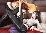  2girls ahoge bed black_hair blake_belladonna blonde_hair book bunk_bed clothes_grab eye_contact hand_on_another&#039;s_thigh inu0831 long_hair looking_at_another lying multiple_girls necktie on_back pants rwby shirt_grab smile thigh-highs violet_eyes waist_cape yang_xiao_long yellow_eyes yuri 