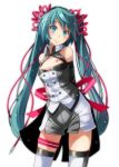  1girl :3 absurdres aqua_eyes aqua_hair arms_behind_back bare_shoulders blush breasts character_name cleavage cleavage_cutout closed_mouth contrapposto cowboy_shot detached_sleeves double-breasted eyebrows_visible_through_hair glowing grey_shorts grey_vest hair_ribbon hatsune_miku head_tilt highres long_hair looking_at_viewer nijigen_dream_fever_(vocaloid) pink_ribbon project_diva_(series) ribbon shorts simple_background small_breasts solo standing tareme tattoo thigh-highs thigh_strap tsukishiro_saika twintails very_long_hair vest vocaloid white_background 