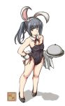 1girl adapted_costume animal_ears black_eyes black_leotard bunny_tail bunnysuit detached_collar flat_chest full_body grey_hair hand_on_hip highres kasumi_(kantai_collection) leotard long_hair looking_at_viewer masamori_ikemo neck_ribbon rabbit_ears red_ribbon ribbon serving_dome shadow side_ponytail simple_background solo strapless strapless_leotard tail towel tray white_background wrist_cuffs 