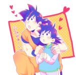  2boys :o black_eyes black_hair blush chinese_clothes dougi dragon_ball dragon_ball_super dragonball_z father_and_son heart looking_up male_focus multiple_boys open_mouth orange_background rochiko_(bgl6751010) short_hair simple_background son_gokuu son_goten spiky_hair translation_request white_background wristband 