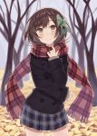  1girl autumn_leaves bare_tree black_coat blue_skirt blush bow brown_eyes brown_hair closed_mouth contrapposto cowboy_shot day double-breasted eyebrows_visible_through_hair fog fringe green_bow hair_bow highres long_sleeves looking_at_viewer miniskirt nagitoki original outdoors plaid plaid_scarf plaid_skirt pleated_skirt red_scarf ringed_eyes scarf short_hair skirt sleeves_past_wrists smile solo standing tareme tree 