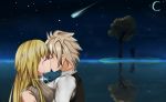  1boy ahoge bangs blonde_hair blush brown_hair closed_eyes comet couple crying eyebrows_visible_through_hair face-to-face fate/apocrypha fate_(series) from_side hawaichung hetero hug jeanne_d&#039;arc_(fate) jeanne_d&#039;arc_(fate)_(all) kiss long_hair looking_at_another moon night night_sky ocean shirt short_hair sieg_(fate/apocrypha) sky sleeveless sleeveless_shirt star_(sky) starry_moon starry_sky tree very_long_hair waistcoat white_shirt 