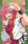  13_(spice!!) 1girl arm_up bandage bandaged_arm bangs bun_cover chains cuffs eyebrows_visible_through_hair flower hair_between_eyes highres ibaraki_kasen looking_at_viewer open_mouth pink_eyes pink_hair rose shackles short_hair short_sleeves solo tabard touhou upper_body 