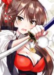 1girl azur_lane blush breasts brown_eyes brown_hair cleavage commentary_request dress hair_ornament hair_ribbon highres holding holding_sword holding_weapon japanese_clothes kamakura_(abcd-1111-58) katana large_breasts long_hair long_sleeves looking_at_viewer ponytail ribbon solo sword very_long_hair weapon wide_sleeves zuikaku_(azur_lane) 