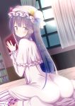  1girl ass bed book capelet commentary_request crescent crescent_hair_ornament curtains dress givuchoko hair_ornament hat holding holding_book long_hair long_sleeves looking_at_viewer mob_cap patchouli_knowledge purple_dress purple_hair touhou very_long_hair violet_eyes window 