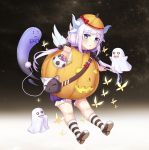  0_0 1girl :3 absurdres bag blue_eyes bow bowtie butterfly candy d: dragon_girl dragon_horns dragon_tail eyebrows_visible_through_hair food ghost hair_bobbles hair_ornament halloween handbag hat highres horns jack-o&#039;-lantern kanna_kamui kobayashi-san_chi_no_maidragon lavender_hair lollipop long_hair looking_at_viewer low_twintails muji_(majunduo) o_o open_mouth pumpkin_costume solo striped striped_legwear tail trick_or_treat twintails wavy_mouth wings 