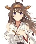  1girl ahoge blush brown_hair closed_mouth detached_sleeves hairband hand_on_own_chest headgear highres kantai_collection kongou_(kantai_collection) long_hair looking_at_viewer nontraditional_miko okuba simple_background smile solo upper_body violet_eyes white_background 