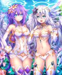  2girls beluga_dolphin black_heart blue_eyes braid breasts commentary elbow_gloves eyebrows_visible_through_hair flower four_goddesses_online:_cyber_dimension_neptune garter_straps gloves hair_between_eyes hair_flower hair_ornament halo hand_on_hip highres long_hair looking_at_viewer medium_breasts multiple_girls neptune_(series) open_mouth outdoors purple_hair purple_heart silver_hair smile symbol-shaped_pupils twin_braids wings 