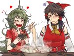  +++ 2girls :d =3 ^_^ animal_ears ascot bare_arms bare_shoulders blush bow brown_eyes chocolate_hair chopsticks closed_eyes closed_mouth cloud_print collarbone curly_hair detached_sleeves facepaint fangs food green_eyes green_hair hair_bow hair_tubes hakurei_reimu hand_up hands_up happy heart holding_chopsticks horn hotpot kariyushi_shirt komano_aunn long_hair looking_at_another medium_hair motion_lines multiple_girls musical_note nose_blush open_mouth quaver red_shirt ryuuichi_(f_dragon) shirt short_sleeves side_ponytail simple_background smile sweat sweating_profusely table tail tail_wagging touhou upper_body white_background 