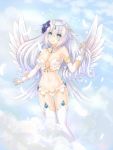  1girl angel angel_wings armlet bangs bare_shoulders bikini black_heart blue_eyes blush breasts circlet cleavage closed_mouth clouds cloudy_sky detached_collar elbow_gloves eyebrows_visible_through_hair feathered_wings feathers flower flying four_goddesses_online:_cyber_dimension_neptune garter_straps gem gloves gluteal_fold greek greek_gloria hair_between_eyes hair_flaps hair_flower hair_ornament halo hand_up highres kazuneko_(wktk1024) long_hair medium_breasts neptune_(series) panties sky smile solo swimsuit symbol-shaped_pupils tareme thigh-highs thigh_gap underwear white_bikini white_gloves white_hair white_panties white_wings wings 