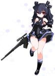  1girl :&lt; bangs bare_legs bare_shoulders black_dress black_footwear black_gloves black_hair black_ribbon blush closed_mouth commentary_request dress elbow_gloves eyebrows_visible_through_hair flat_chest full_body gloves gluteal_fold gun hair_ornament hair_ribbon hexagon highres holding holding_gun holding_weapon karukan_(monjya) leg_up long_hair looking_at_viewer neptune_(series) red_eyes revision ribbon rifle scope serious sidelocks sleeveless sleeveless_dress smile sniper_rifle solo standing standing_on_one_leg thigh_gap two_side_up uni_(choujigen_game_neptune) v-shaped_eyebrows weapon white_background 